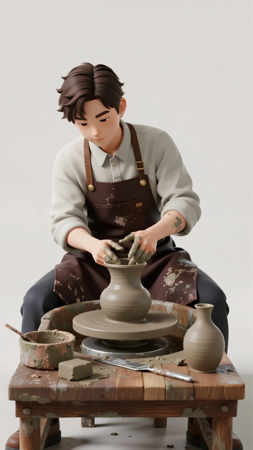 陶匠制作陶艺作品动漫风格陶泥工具