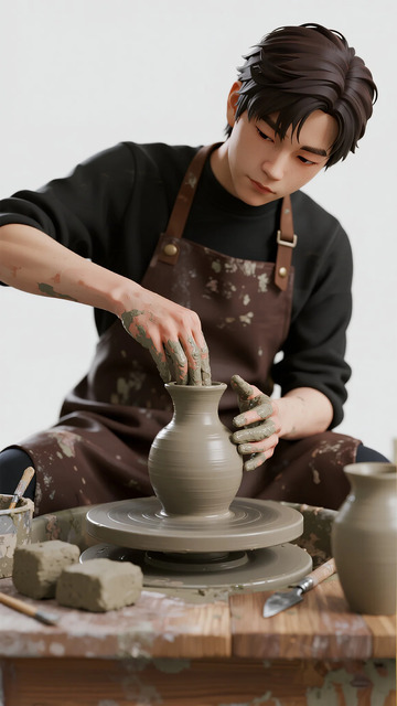 陶艺制作年轻人专注塑造泥胎