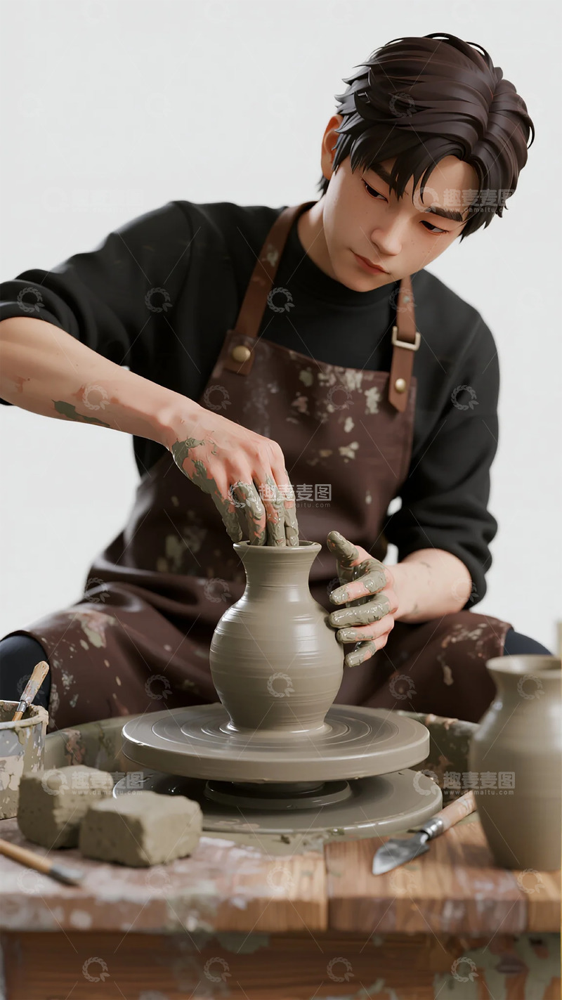 高清大图下载【趣麦麦图】陶艺制作年轻人专注塑造泥胎