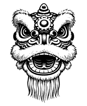 黑白线描舞狮头饰图案