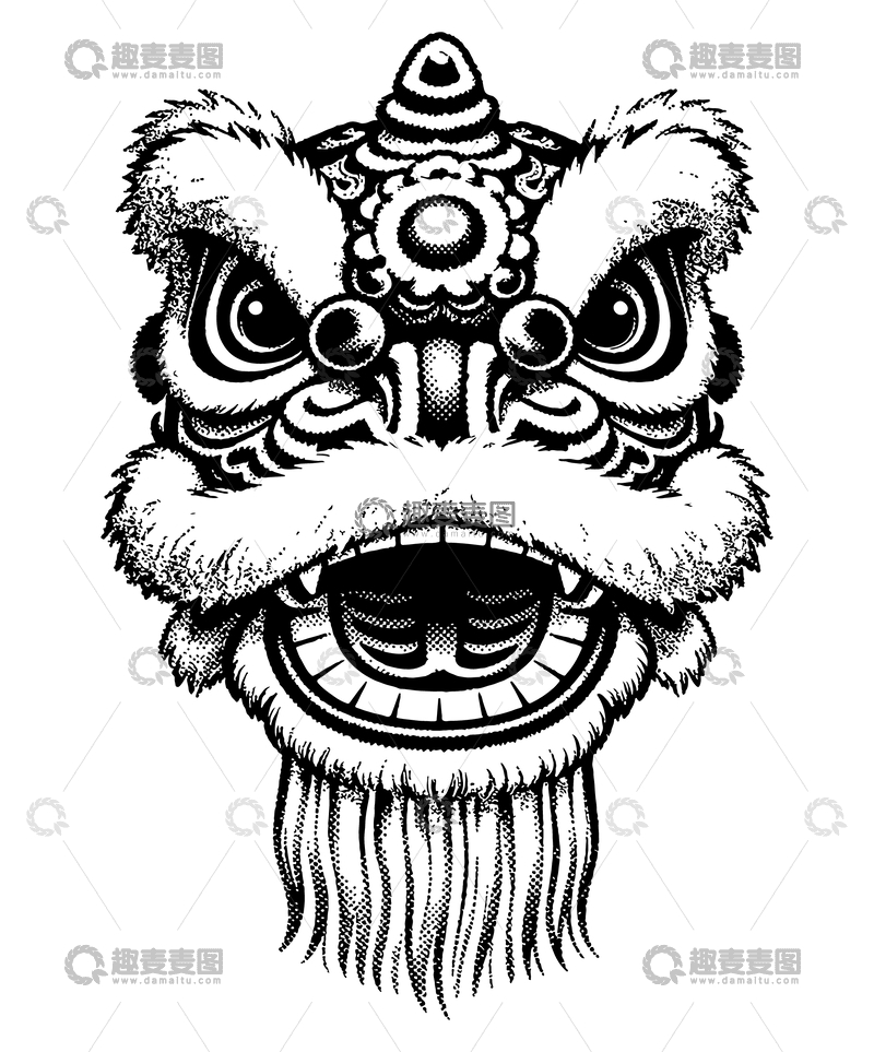源文件下载【趣麦麦图】黑白线描舞狮头饰图案