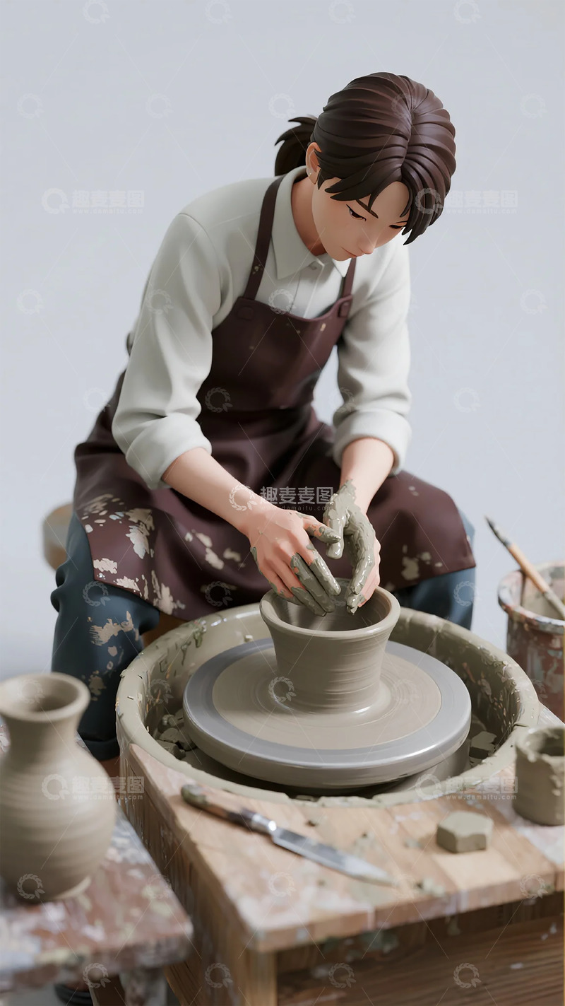 高清大图下载【趣麦麦图】陶艺制作人物素描