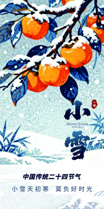 小雪节气柿子雪景海报
