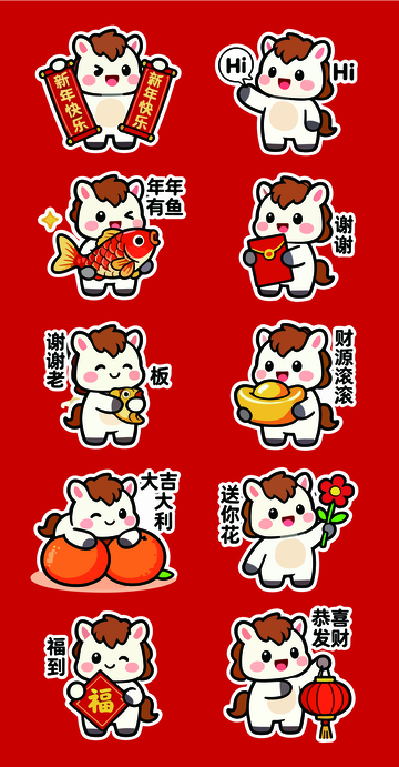 卡通马年新年祝福贴纸设计素材