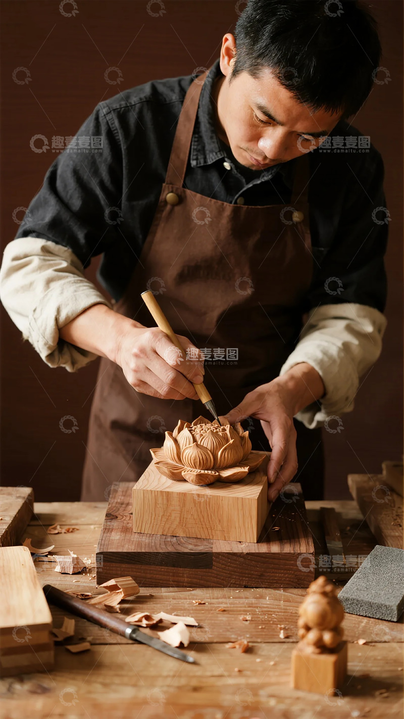 高清大图下载【趣麦麦图】木雕工匠工作场景