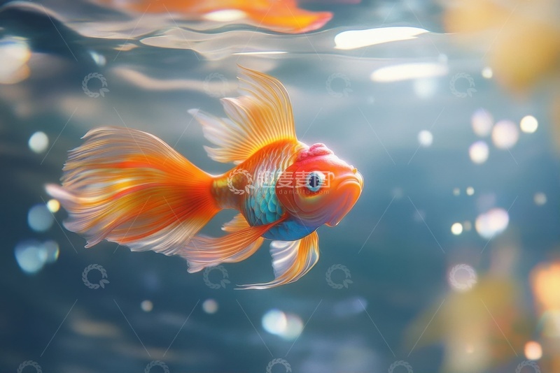 高清大图下载【趣麦麦图】鱼缸里游泳的一条金鱼