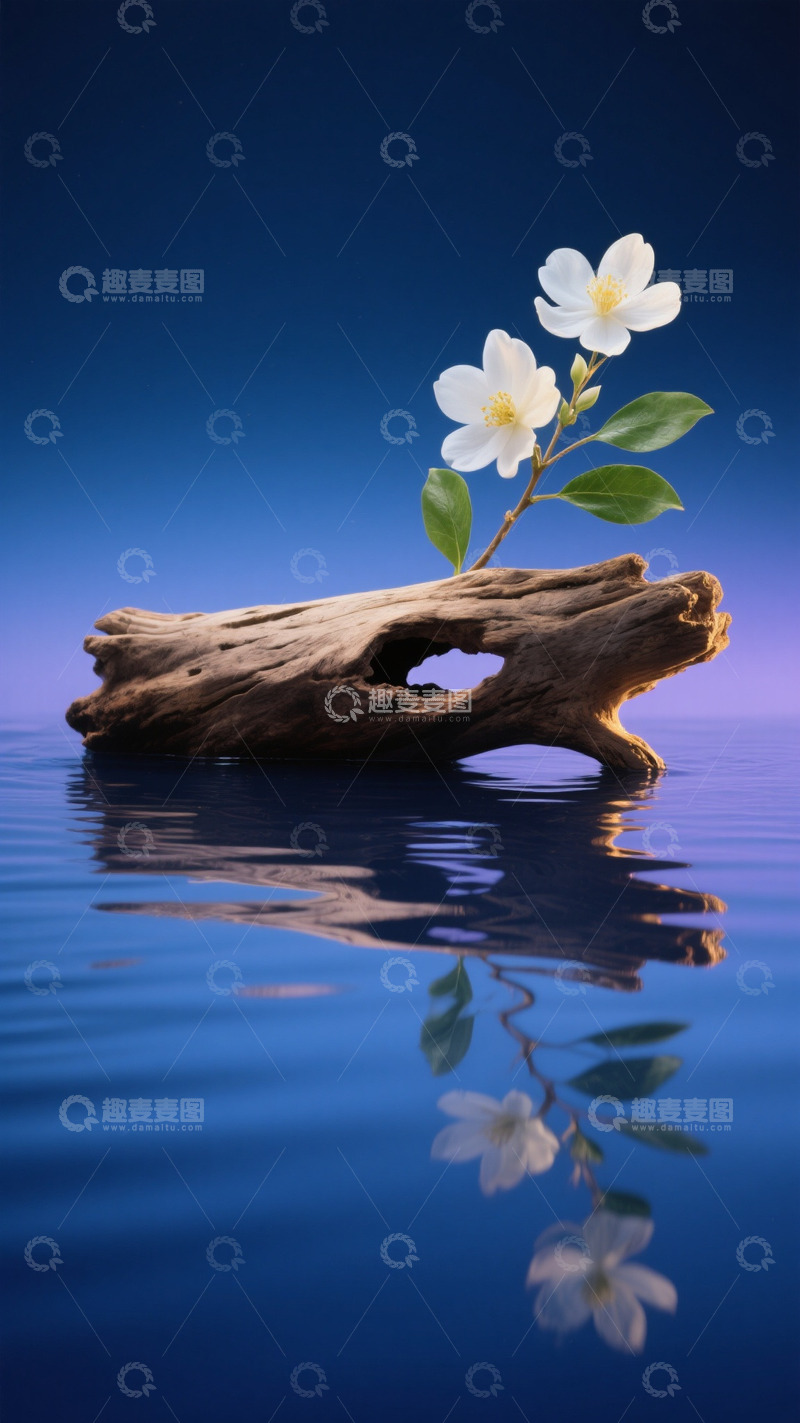 高清大图下载【趣麦麦图】湖面枯木花朵素材