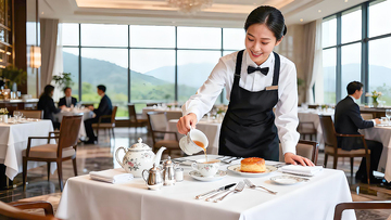餐厅服务员倒茶服务场景