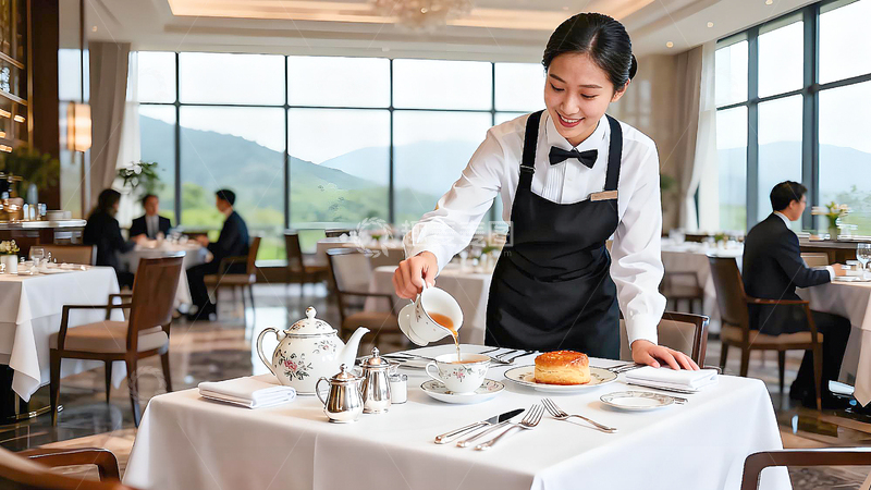 高清大图下载【趣麦麦图】餐厅服务员倒茶服务场景