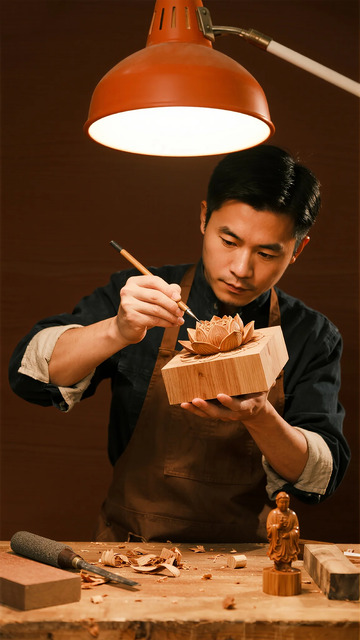 木雕工匠细致雕刻木艺作品