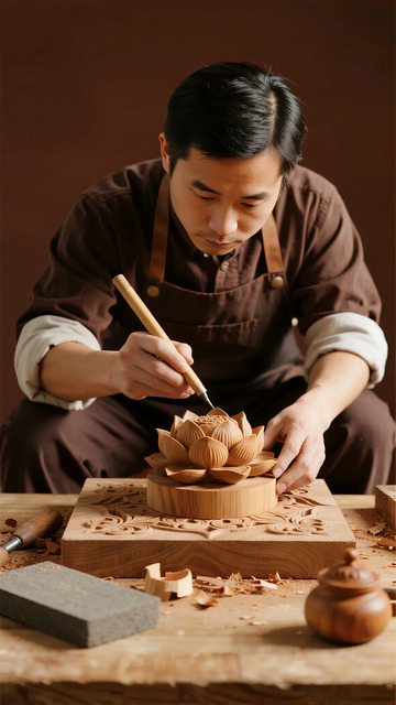 木雕艺人创作精美花朵雕刻