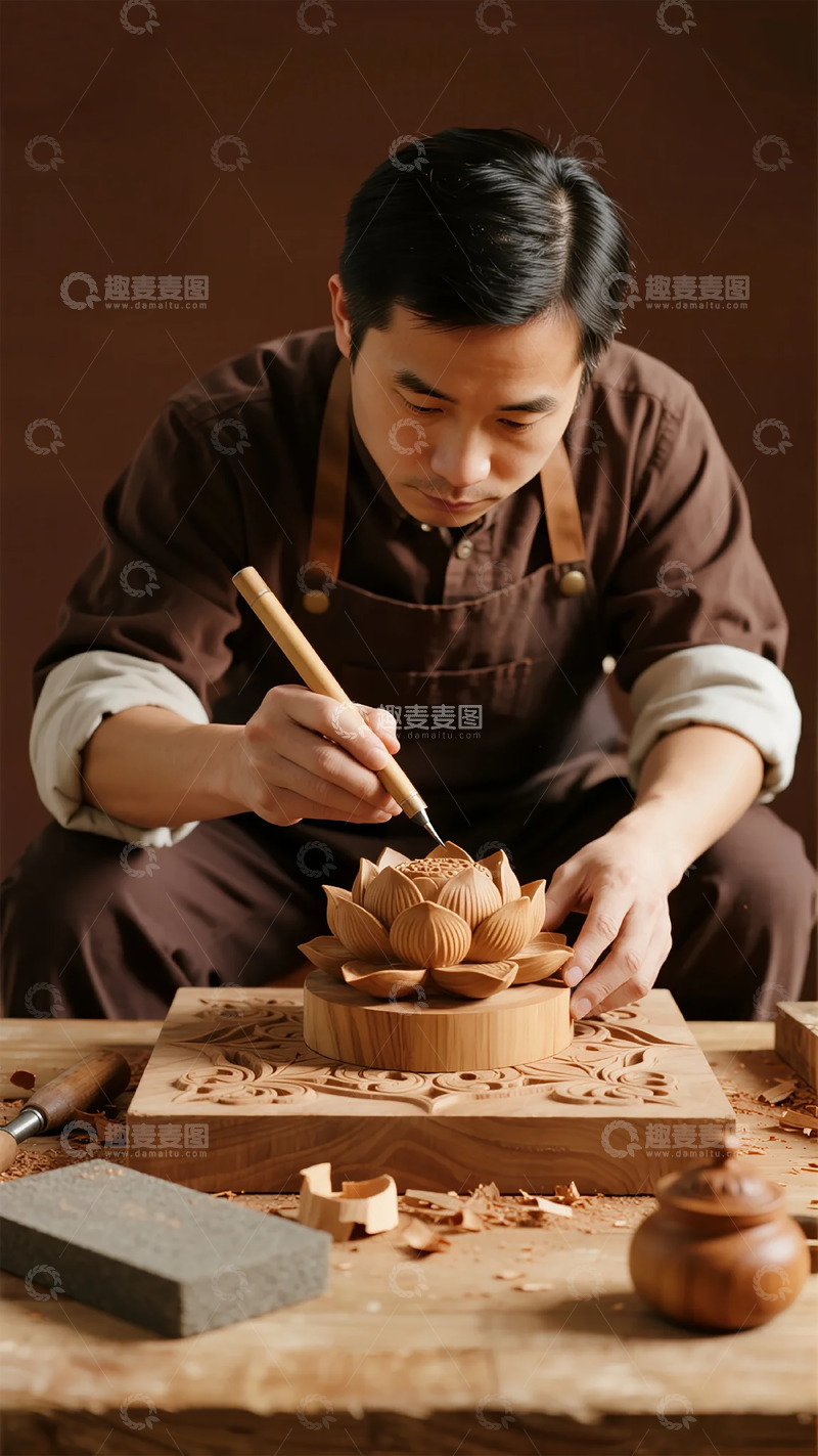 高清大图下载【趣麦麦图】木雕艺人创作精美花朵雕刻