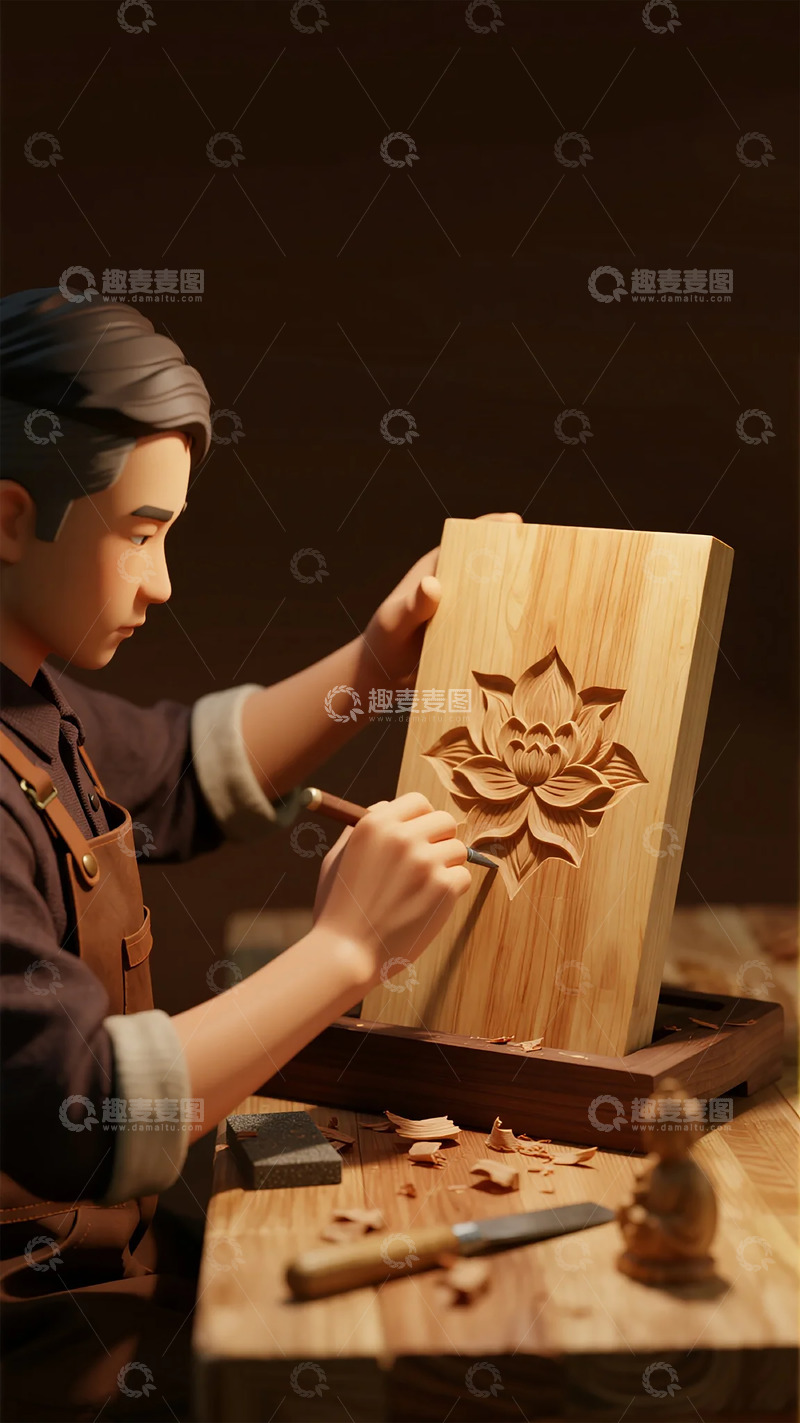 高清大图下载【趣麦麦图】-木雕工艺莲花雕刻创作