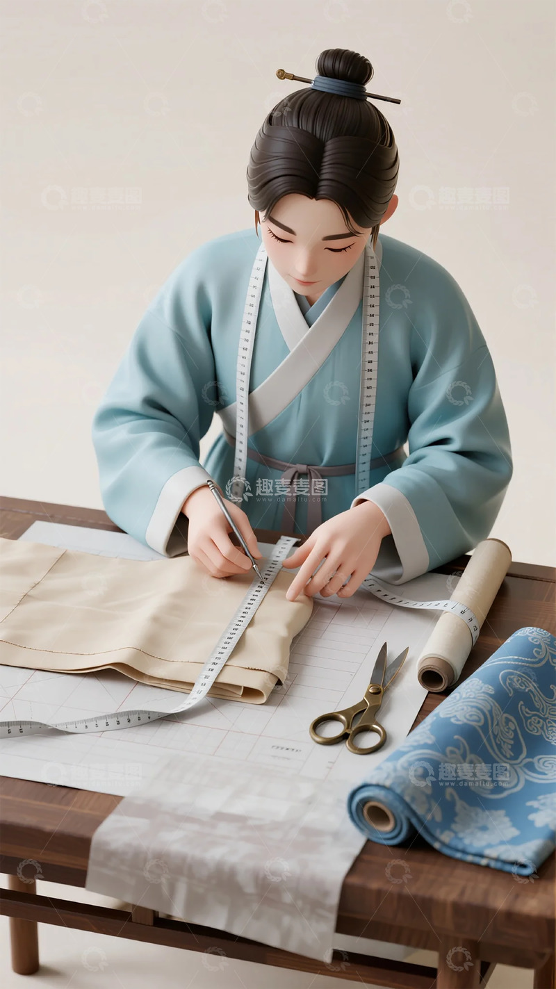 高清大图下载【趣麦麦图】古风裁缝制作布料设计图