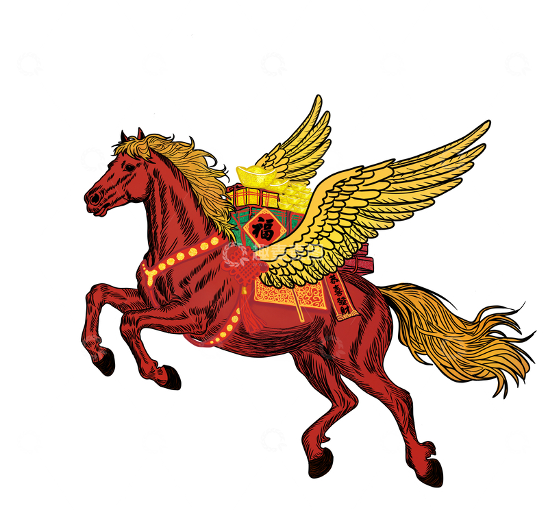 源文件下载【趣麦麦图】-神兽飞马中国风插画
