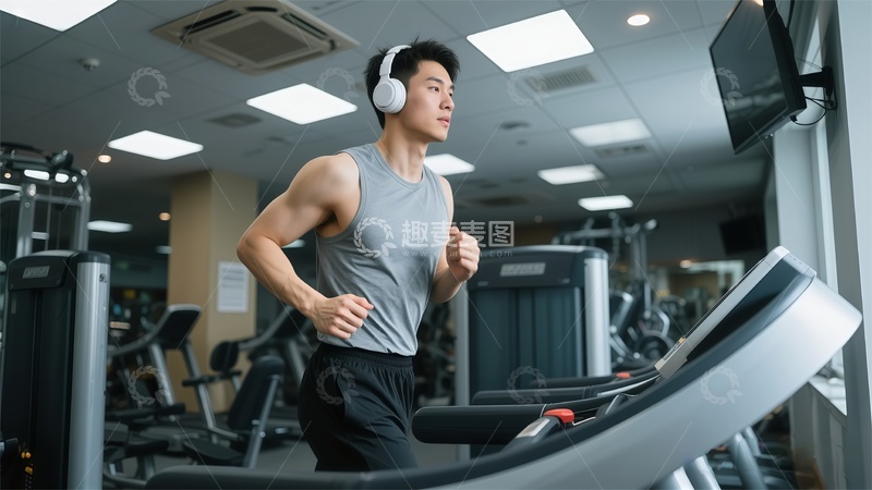 高清大图下载【趣麦麦图】健身房跑步锻炼青年男子