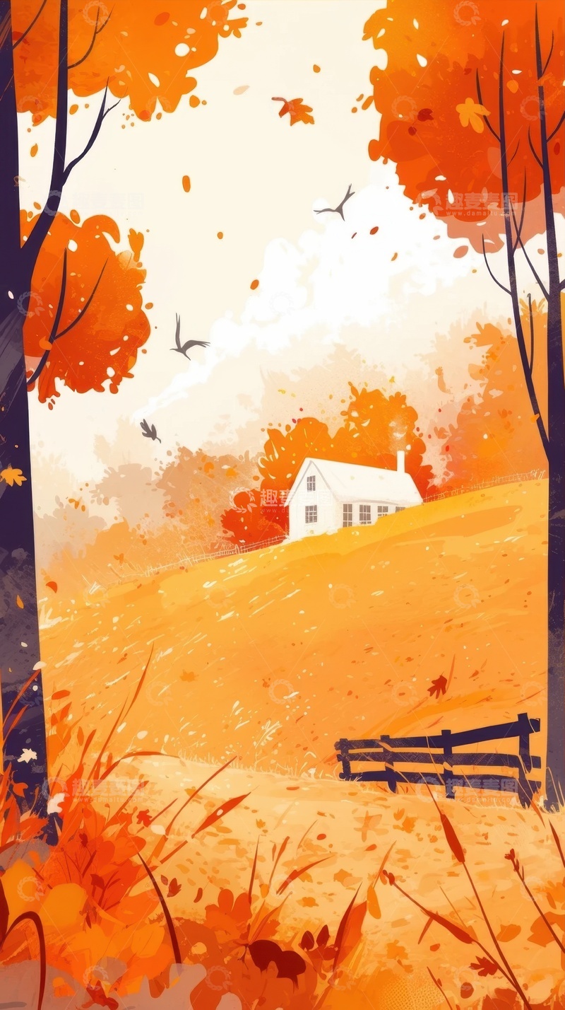 高清大图下载【趣麦麦图】手绘秋季红色的枫树林
