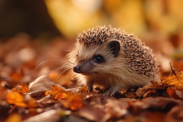 秋季落叶上的一只小刺猬