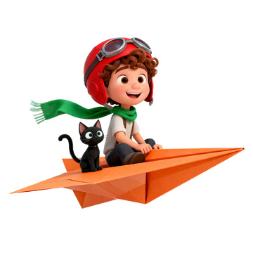 卡通风小男孩纸飞机冒险