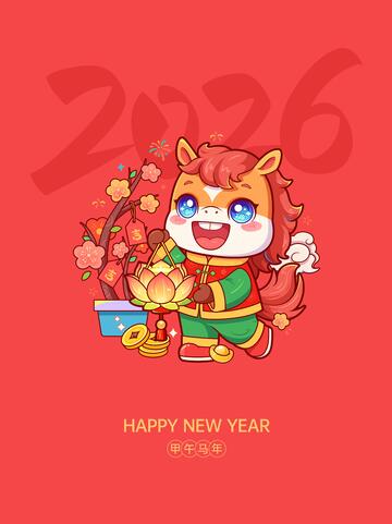 马年手拿花灯卡通插画
