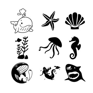 海洋生物剪影图标设计素材