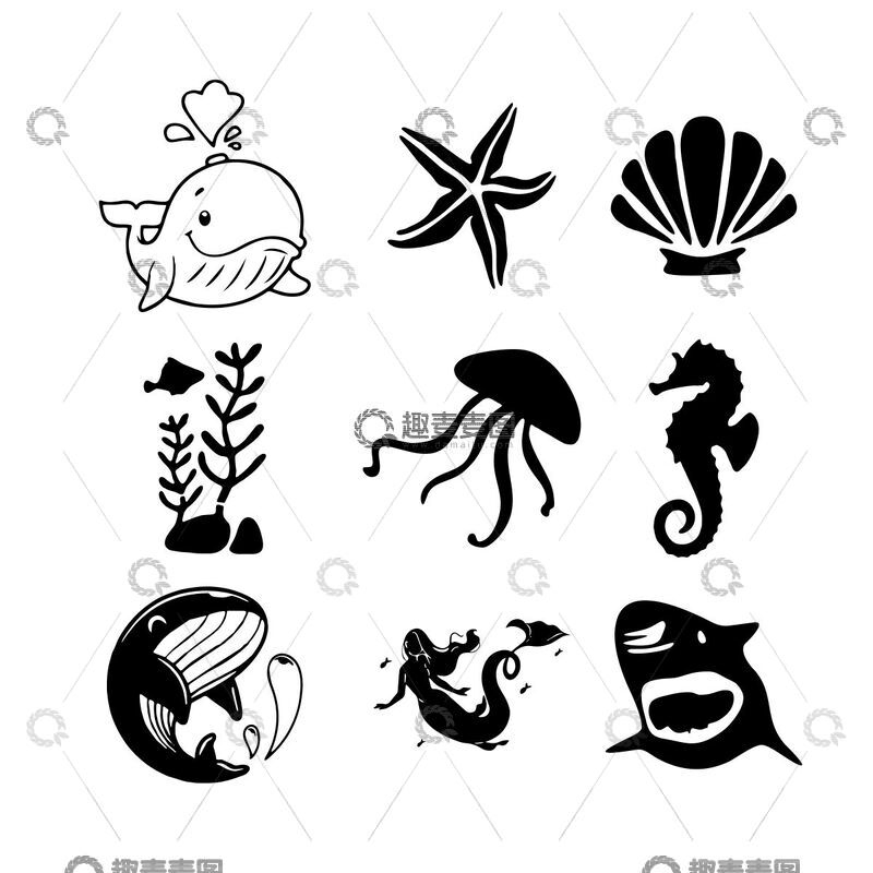 源文件下载【趣麦麦图】-海洋生物剪影图标设计素材