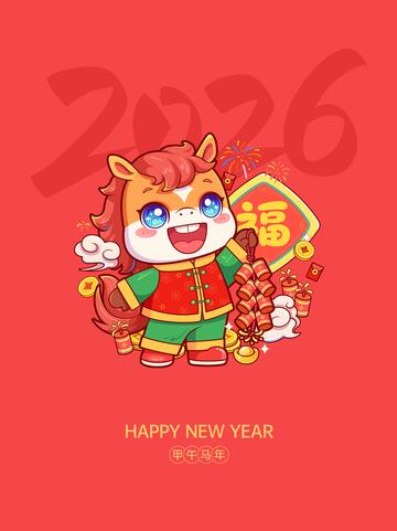马年手提鞭炮卡通插画