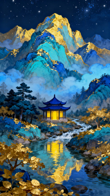 蓝色山脉金色边纹背景