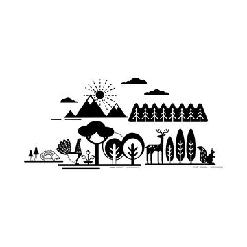 黑白简约森林动物风景图案