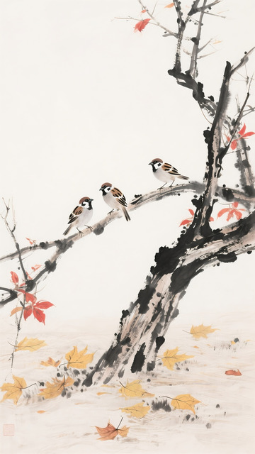 枝头雀语 国画秋意花鸟