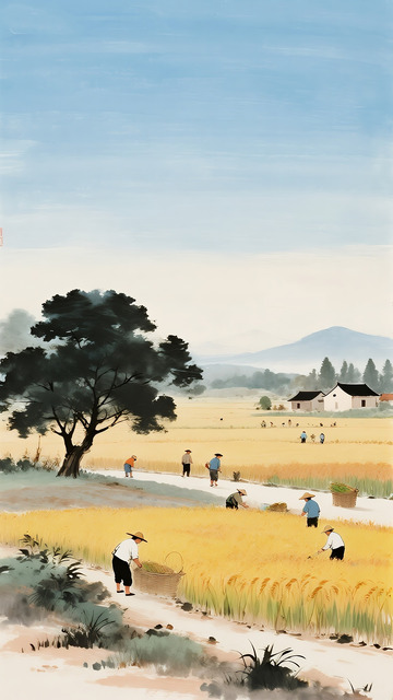 田园秋收 水墨农耕图景