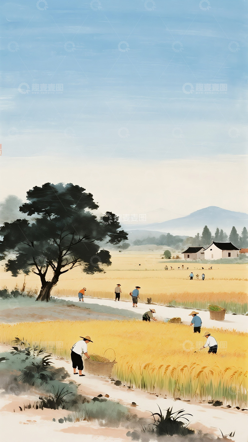 高清大图下载【趣麦麦图】田园秋收 水墨农耕图景