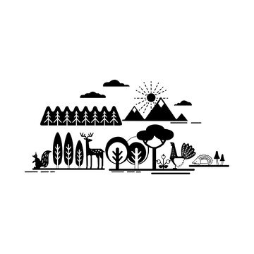 黑白简笔画森林动物景观