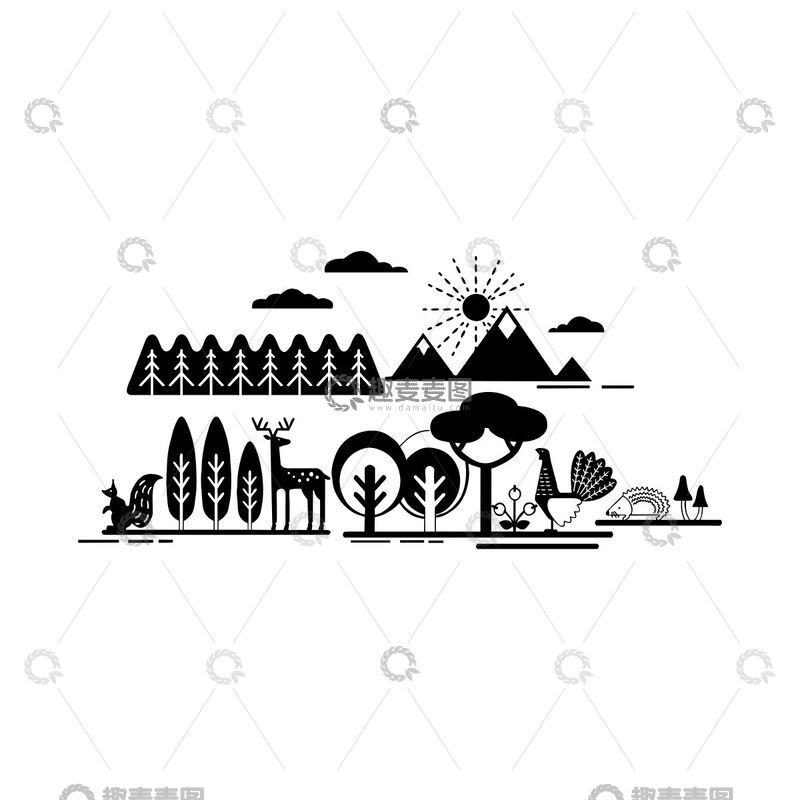 源文件下载【趣麦麦图】黑白简笔画森林动物景观