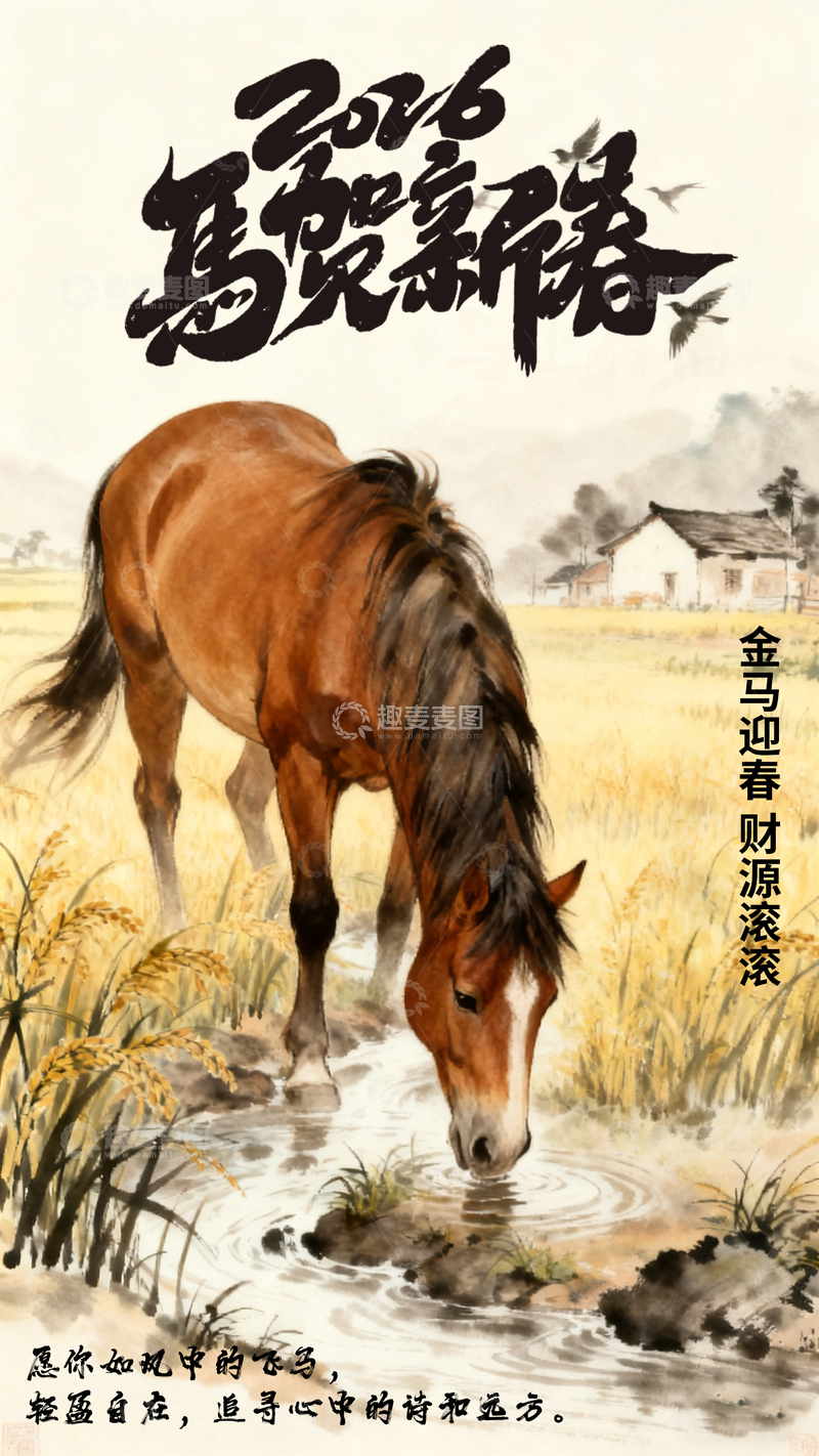 源文件下载【趣麦麦图】2016马年新春水墨画马饮溪水