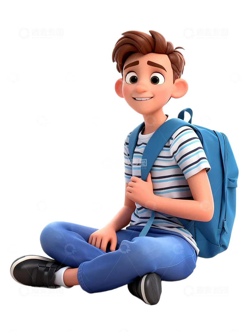 高清大图下载【趣麦麦图】3D卡通男孩坐地背包学生形象