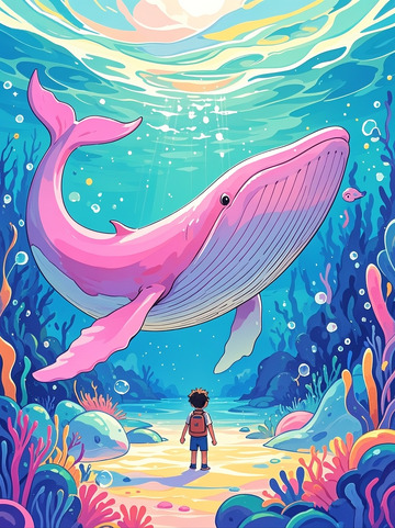 梦幻海底世界粉色鲸鱼插画