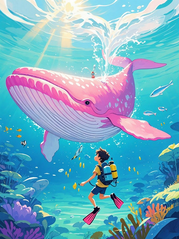 卡通海底探险与粉色鲸鱼