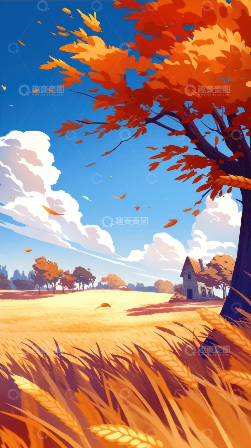 高清大图下载【趣麦麦图】手绘简约秋季枫树插画