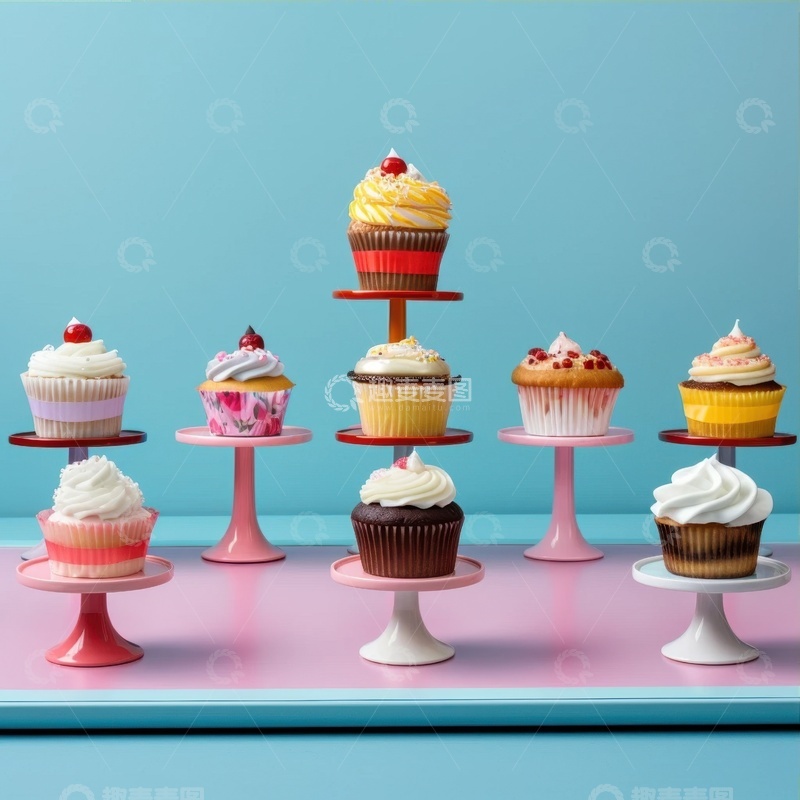 高清大图下载【趣麦麦图】摆放在桌面的奶油纸杯蛋糕