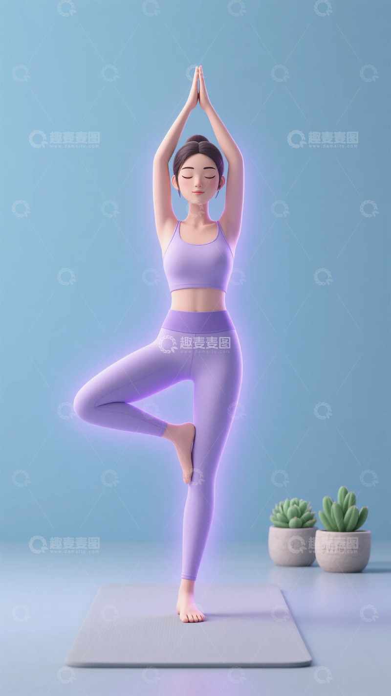 高清大图下载【趣麦麦图】瑜伽树式三维插画