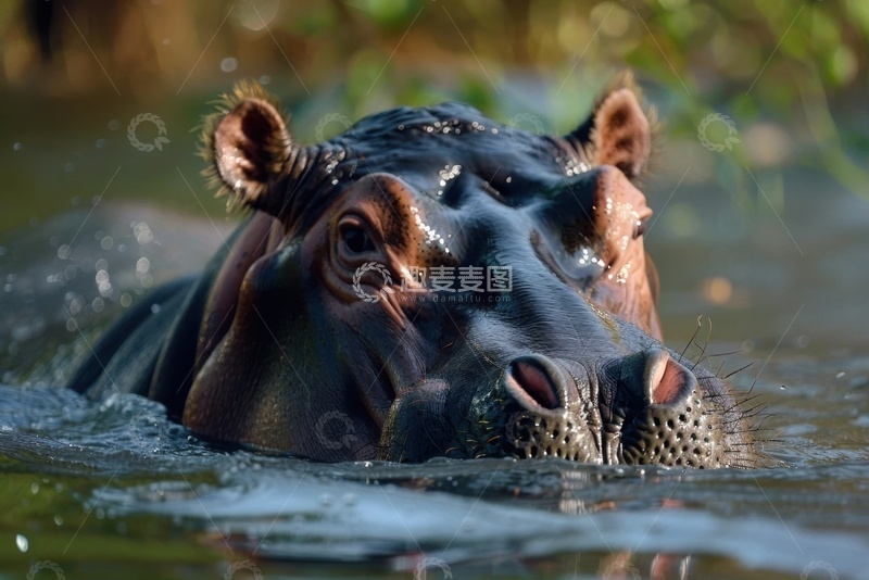 高清大图下载【趣麦麦图】河里洗澡的一只河马