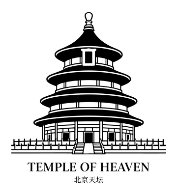 黑白简笔画天坛建筑插画