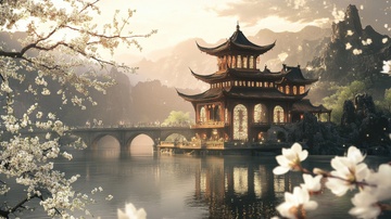 湖泊上的凉亭建筑