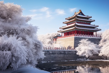 冬季楼台树木积雪