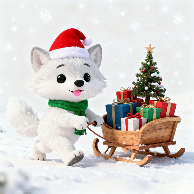 高清大图下载【趣麦麦图】可爱圣诞犬雪橇送礼图