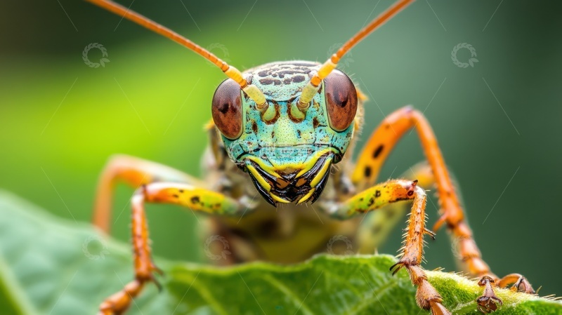 高清大图下载【趣麦麦图】绿叶上趴着的一只蚂蚱