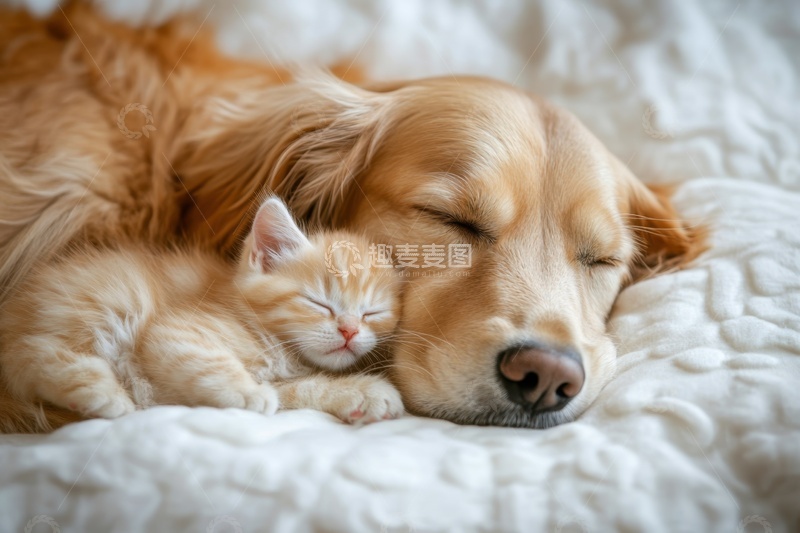 高清大图下载【趣麦麦图】睡觉的金毛和小猫咪