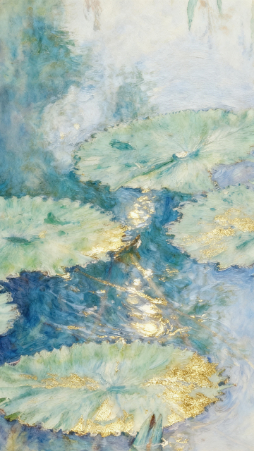 水彩水墨风睡莲池塘风景壁纸背景素材