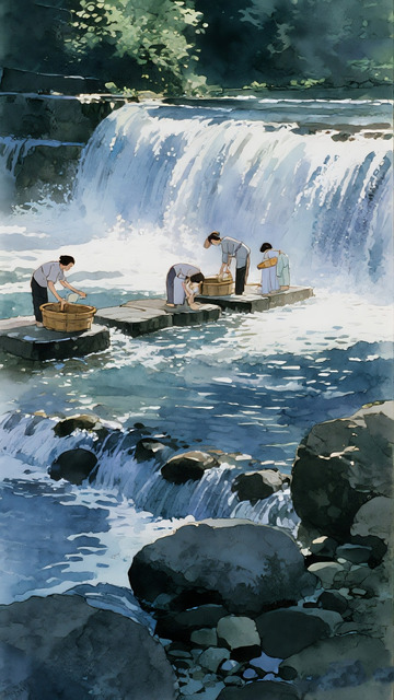 瀑布洗衣 水彩乡土生活图